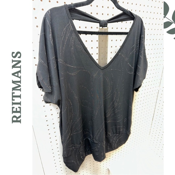 🛍️3/$40 Reitmans Black Silver Sparkle metallic V-Neck Women's Top Chain Metal 2X - Picture 3 of 5